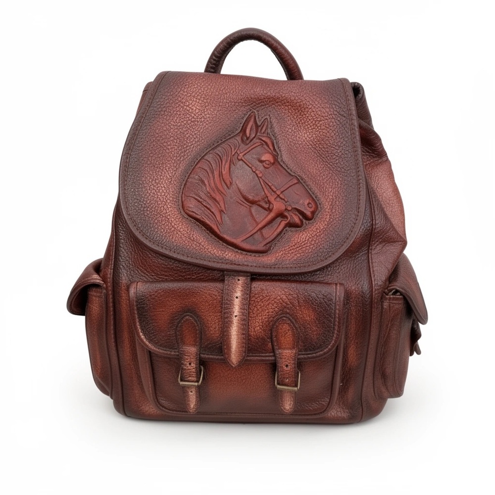 Brown Heritage Leather Horse Embossed Backpack